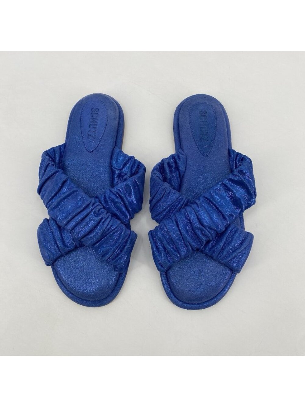 Schutz Size 7.5 Crossband Slide Sandals Paulinna Blue Metallic Comfy Crossover